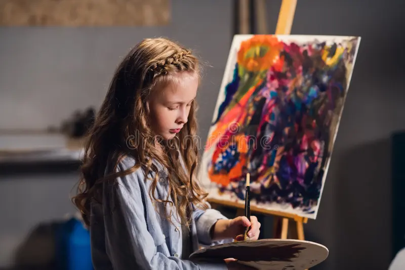 Intermediate students working on detailed oil paintings with rich colors